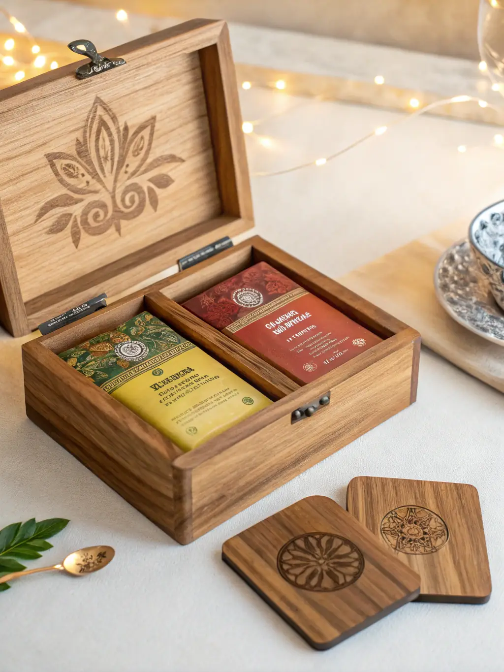 An eye-level shot of the 'Teh Tarik Time' gift box, featuring a set of traditional 'teh tarik' glasses, a tin of local tea leaves, and a frothing tool, set against a backdrop of a traditional Malaysian coffee shop.