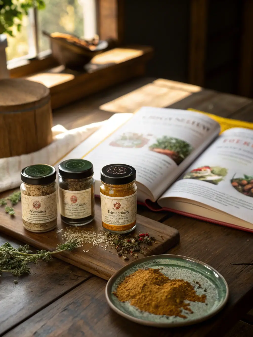 A lifestyle shot of the 'Spice Merchant' gift box, showing various spices in small jars, a recipe book for traditional Malaysian dishes, and a wooden mortar and pestle, placed on a rustic wooden table.