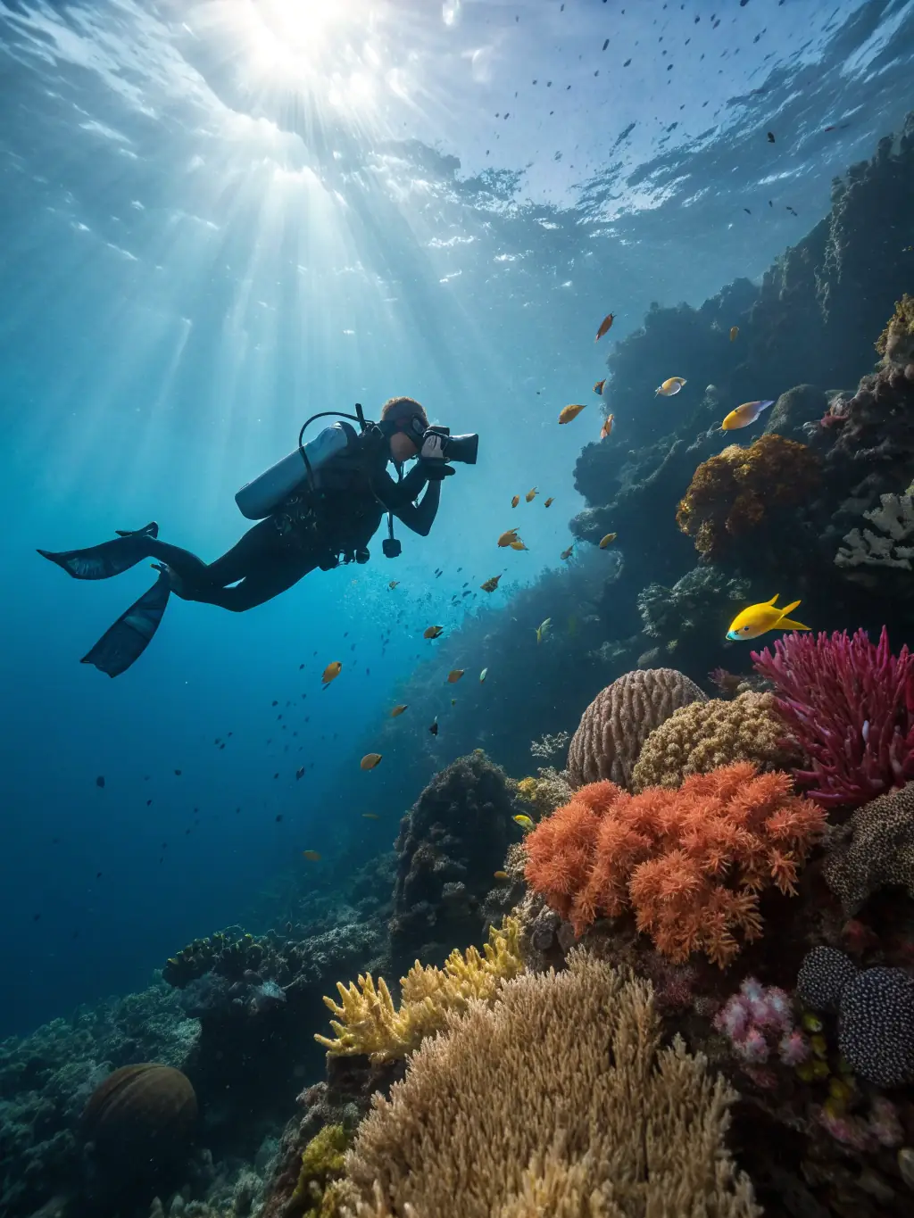 A captivating image of a diver exploring the vibrant coral reefs and marine life in the Perhentian Islands, showcasing the underwater beauty and biodiversity of Malaysia's coastal regions.