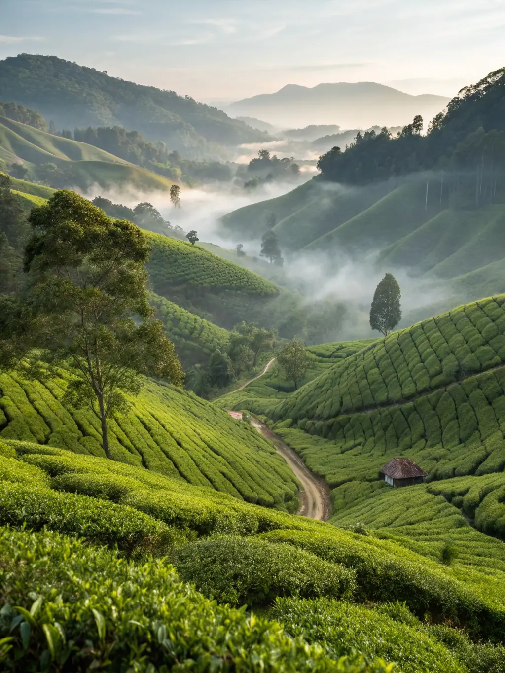 An aerial view of the Cameron Highlands tea plantations, showcasing the rolling green hills and the picturesque landscape, highlighting the natural beauty and tranquility of the region.