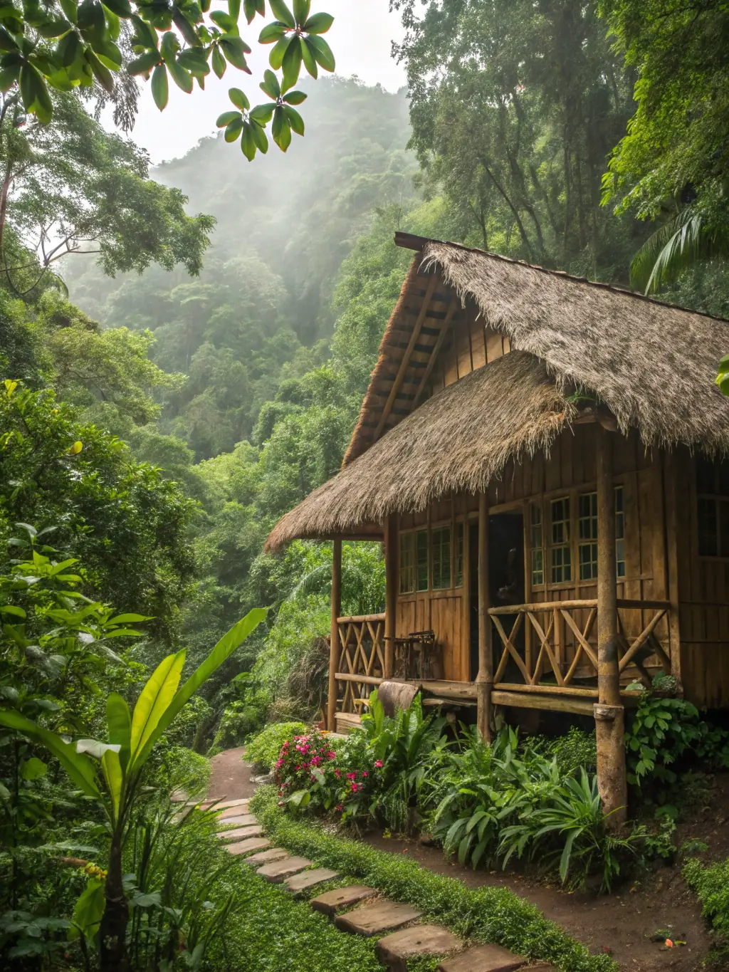 A serene image of a traditional Malay house nestled amidst lush greenery in a rural setting, showcasing the cultural heritage and peaceful ambiance of a Malaysian village, perfect for a micro-retreat.